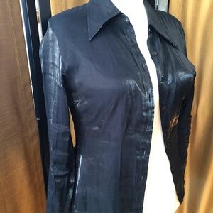 Shiny Black Rayon Long Collared Blouse
